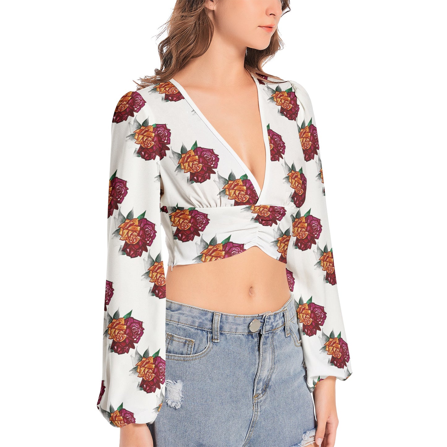 Women's Deep V-Neck Lantern Sleeve Crop Top
