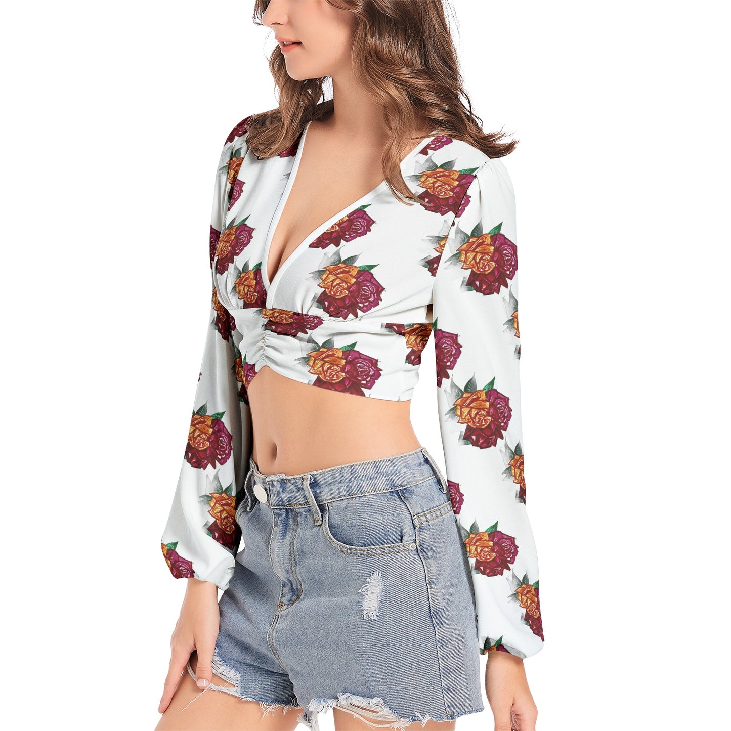 Women's Deep V-Neck Lantern Sleeve Crop Top