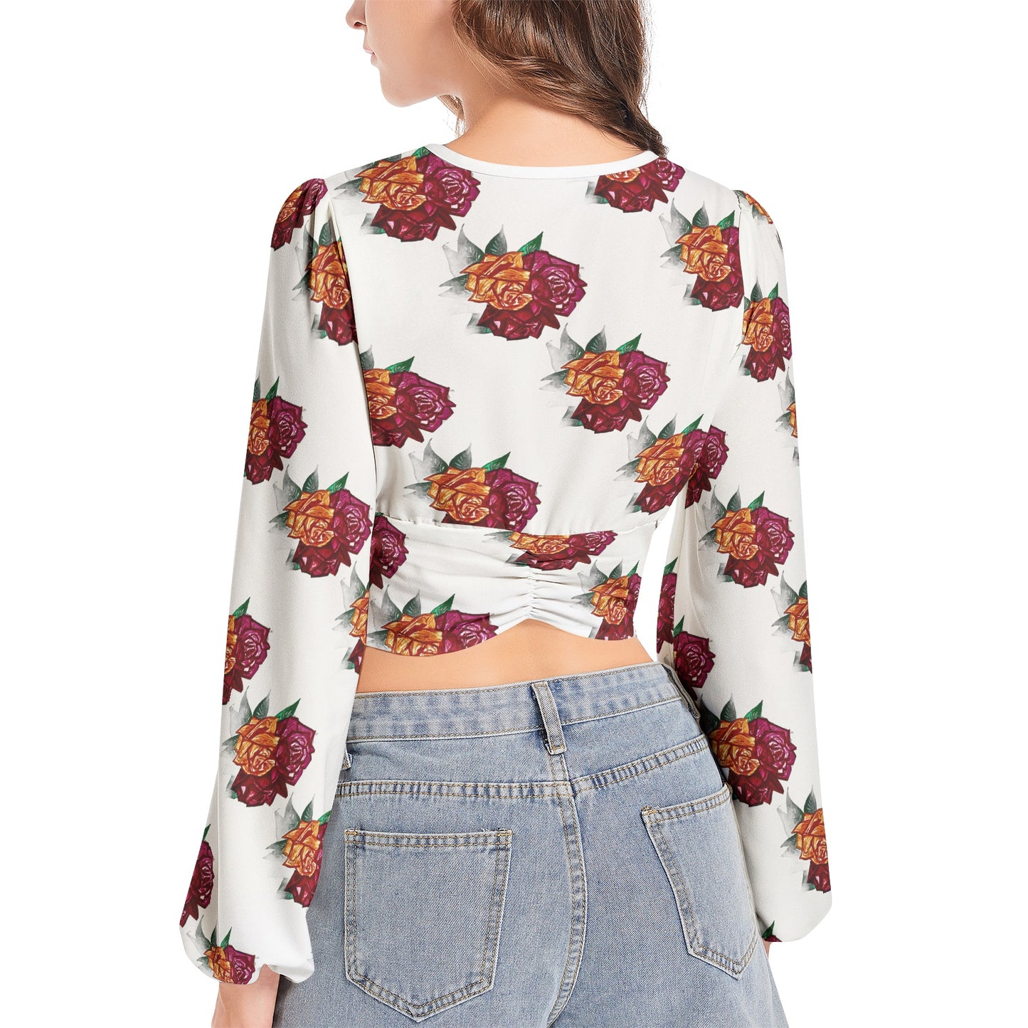 Women's Deep V-Neck Lantern Sleeve Crop Top