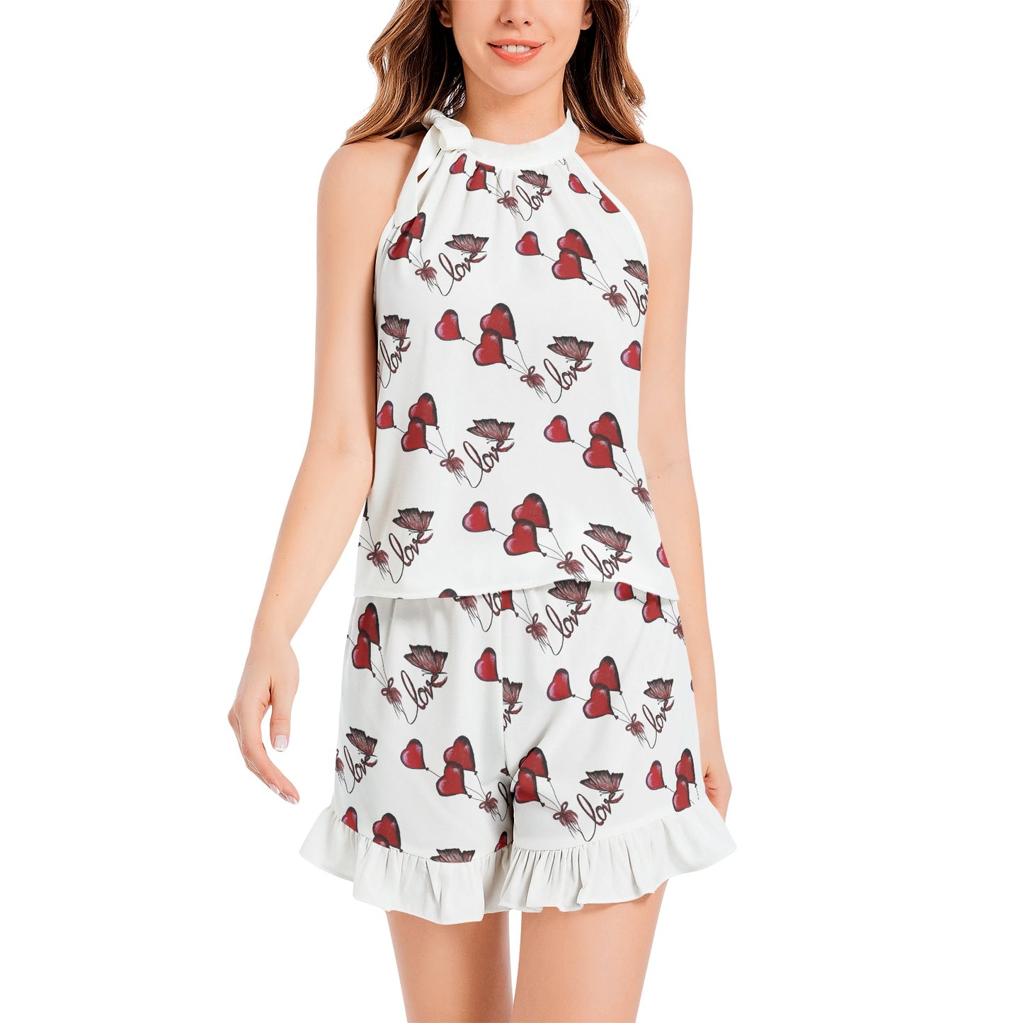 Tie Neck Halter Top and Ruffle Hem Short Set