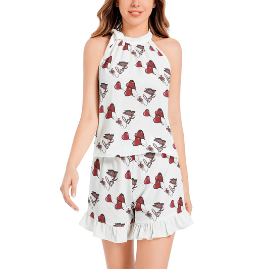 Tie Neck Halter Top and Ruffle Hem Short Set