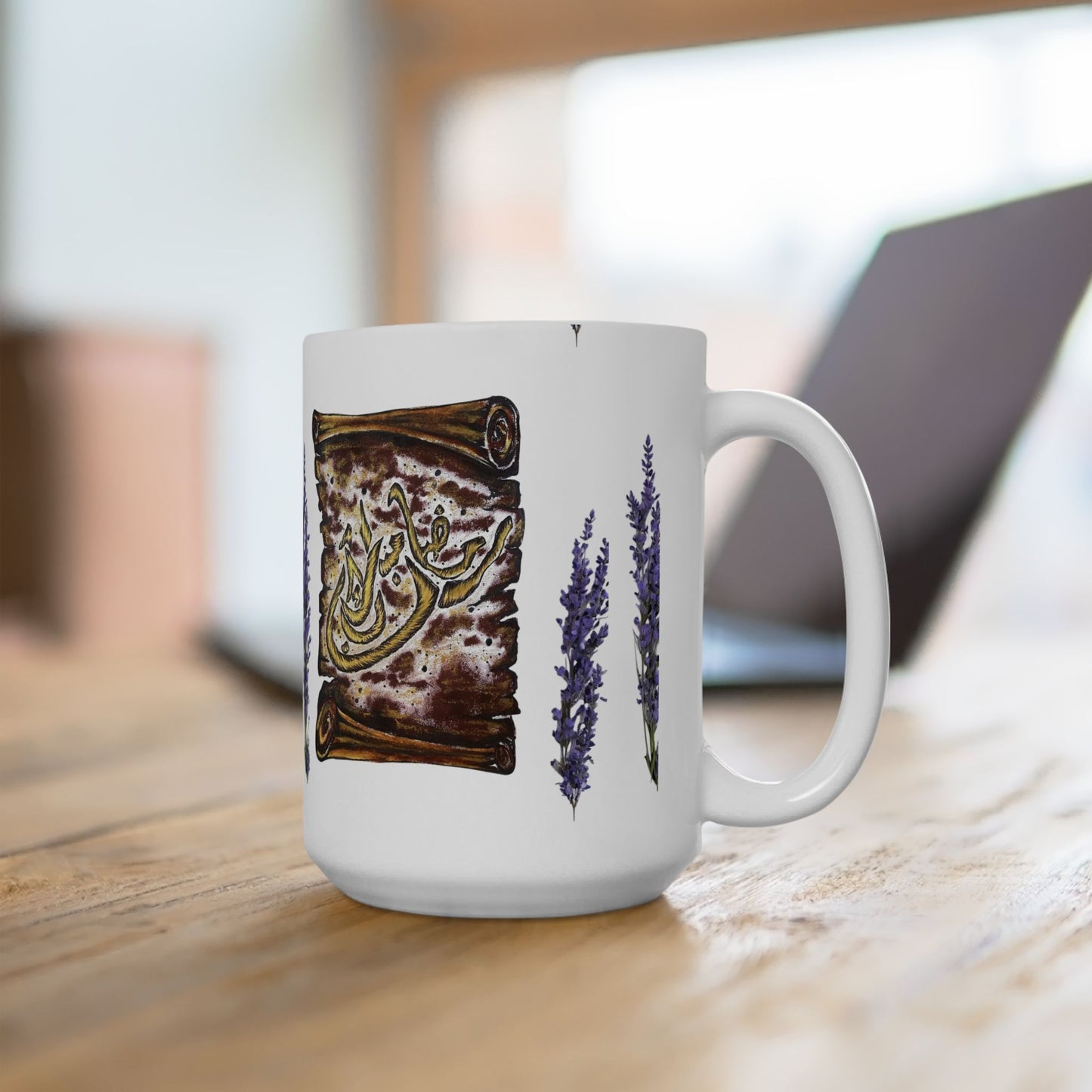 Lavender & Scroll Ceramic Mug – Botanical Tea Coffee Cup (11oz, 15oz)