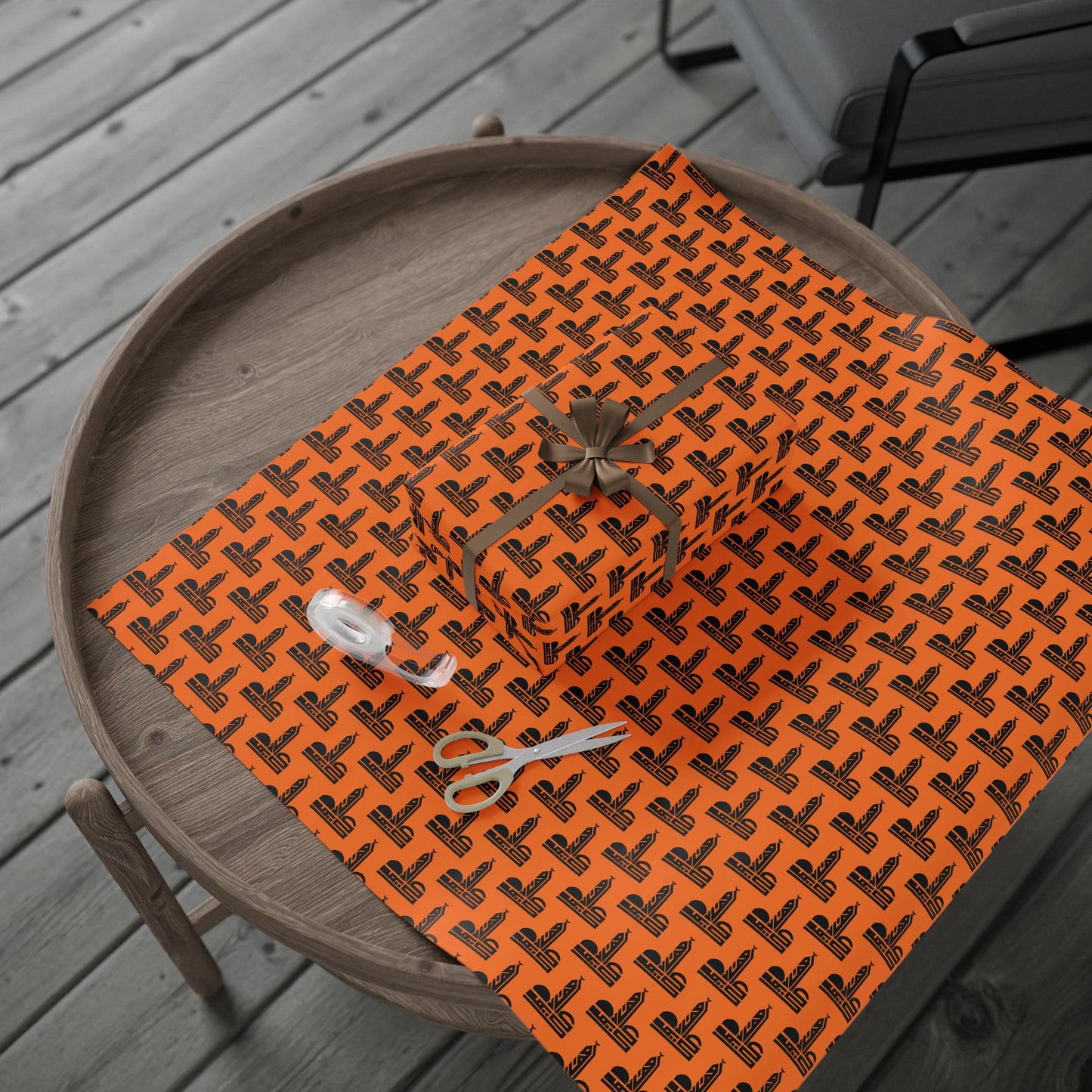 Festive Halloween Wrapping Paper | Orange Design with Black Symbols