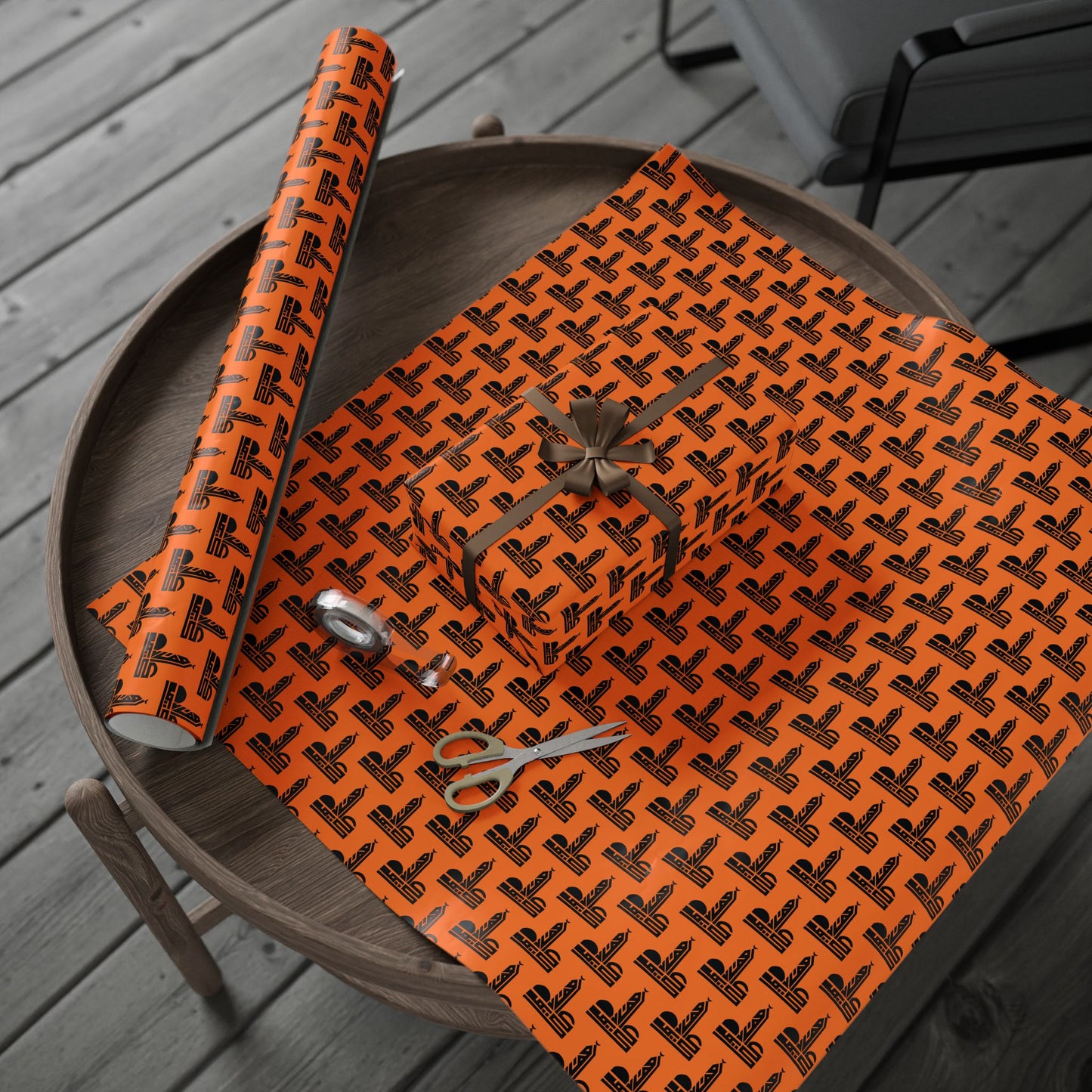 Festive Halloween Wrapping Paper | Orange Design with Black Symbols