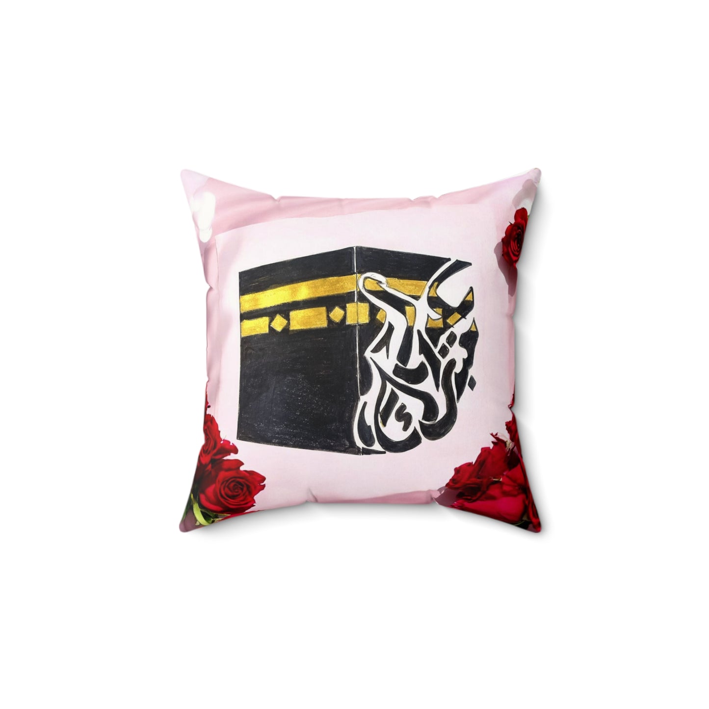 Kaaba Floral Accent Pillow — Faux Suede Square Pillow with Arabic Calligraphy