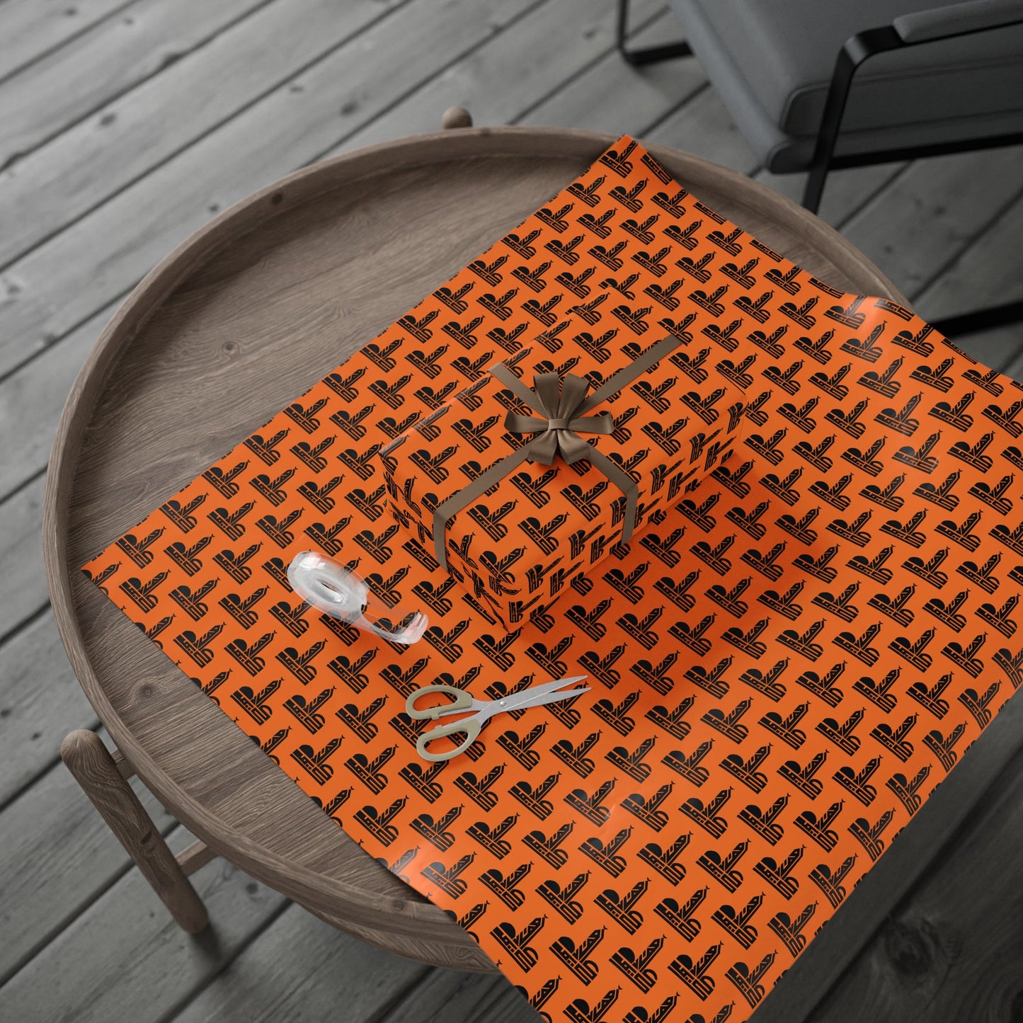 Festive Halloween Wrapping Paper | Orange Design with Black Symbols