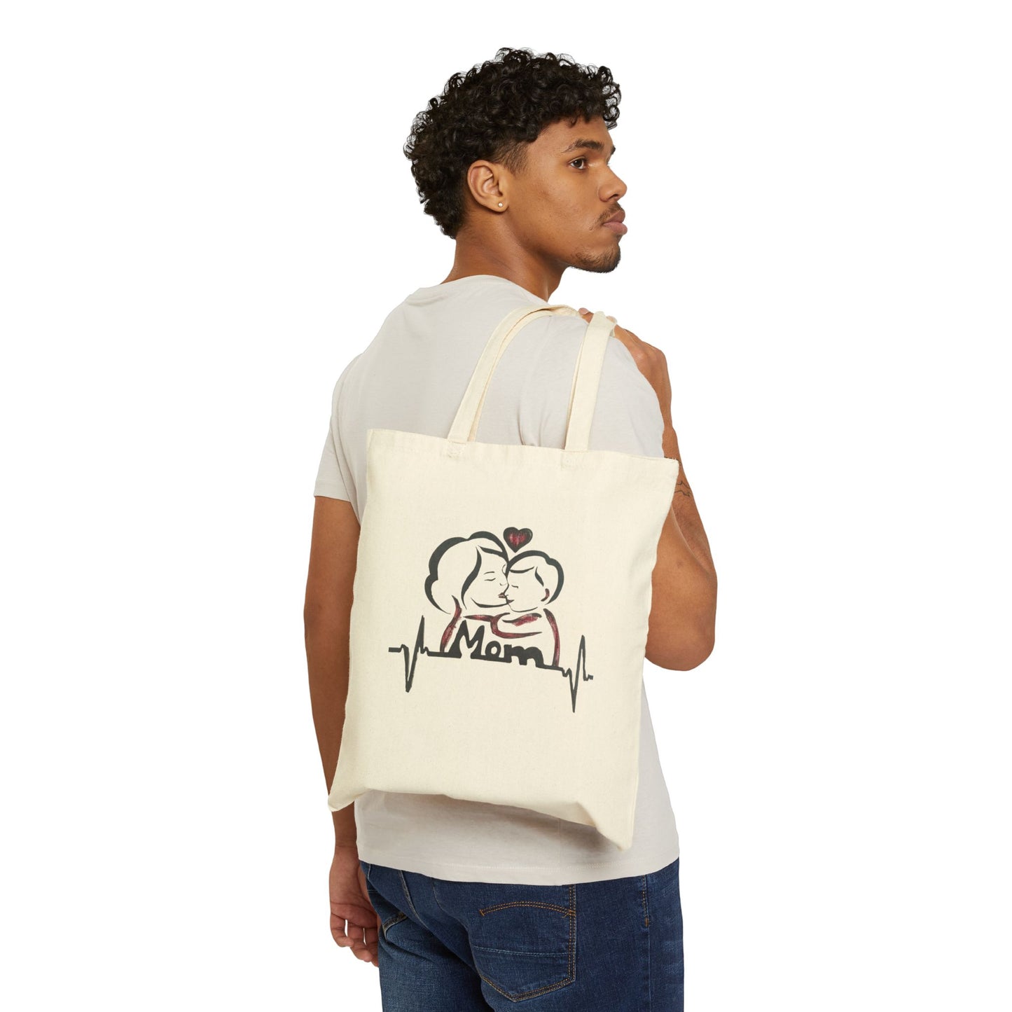Mom Heartbeat Cotton Canvas Tote Bag, Gift for Mom, Mother's Day Tote, Family Love Bag, Grocery Eco Tote, Reusable Shopping Bag
