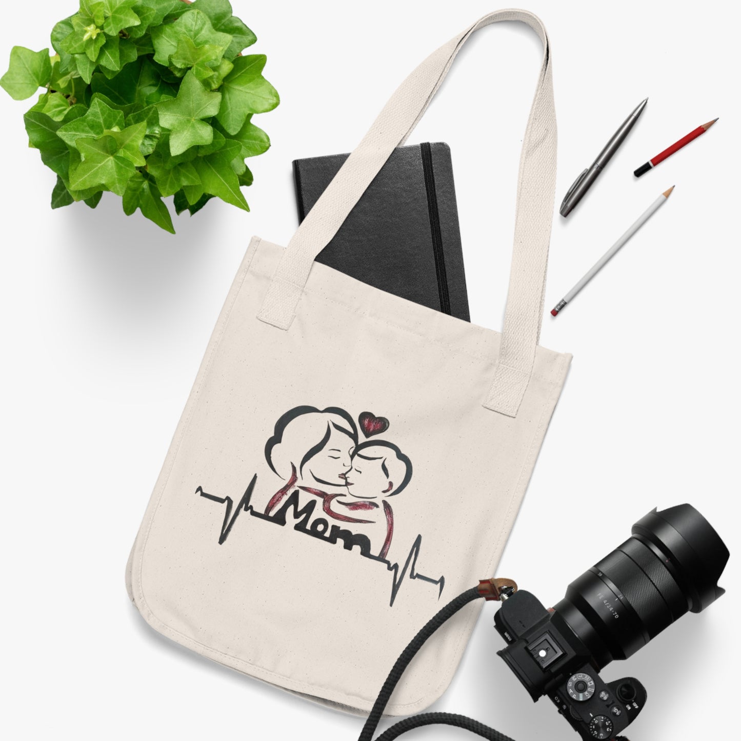 Organic Mom Love Tote Bag, Mother's Day Gift, Eco-Friendly Shopping Bag, Heartbeat Design, Personalized Mom Tote