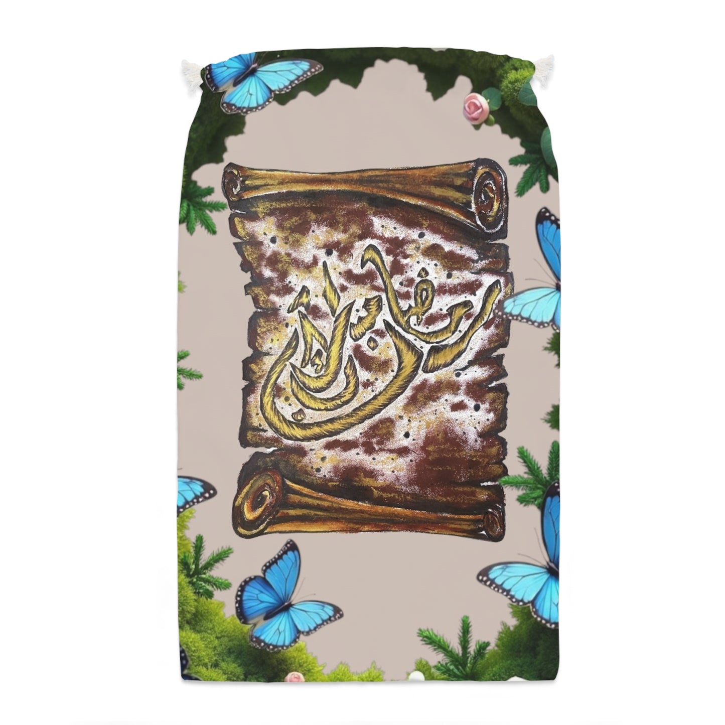 Arabic Calligraphy Drawstring Sack with Blue Butterfly Scroll Design