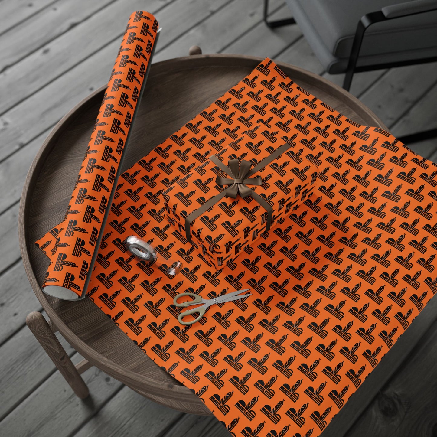 Festive Halloween Wrapping Paper | Orange Design with Black Symbols