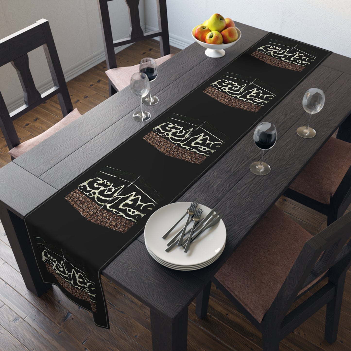 Elegant Islamic Table Runner for Home Decor - Black with Kaaba Design