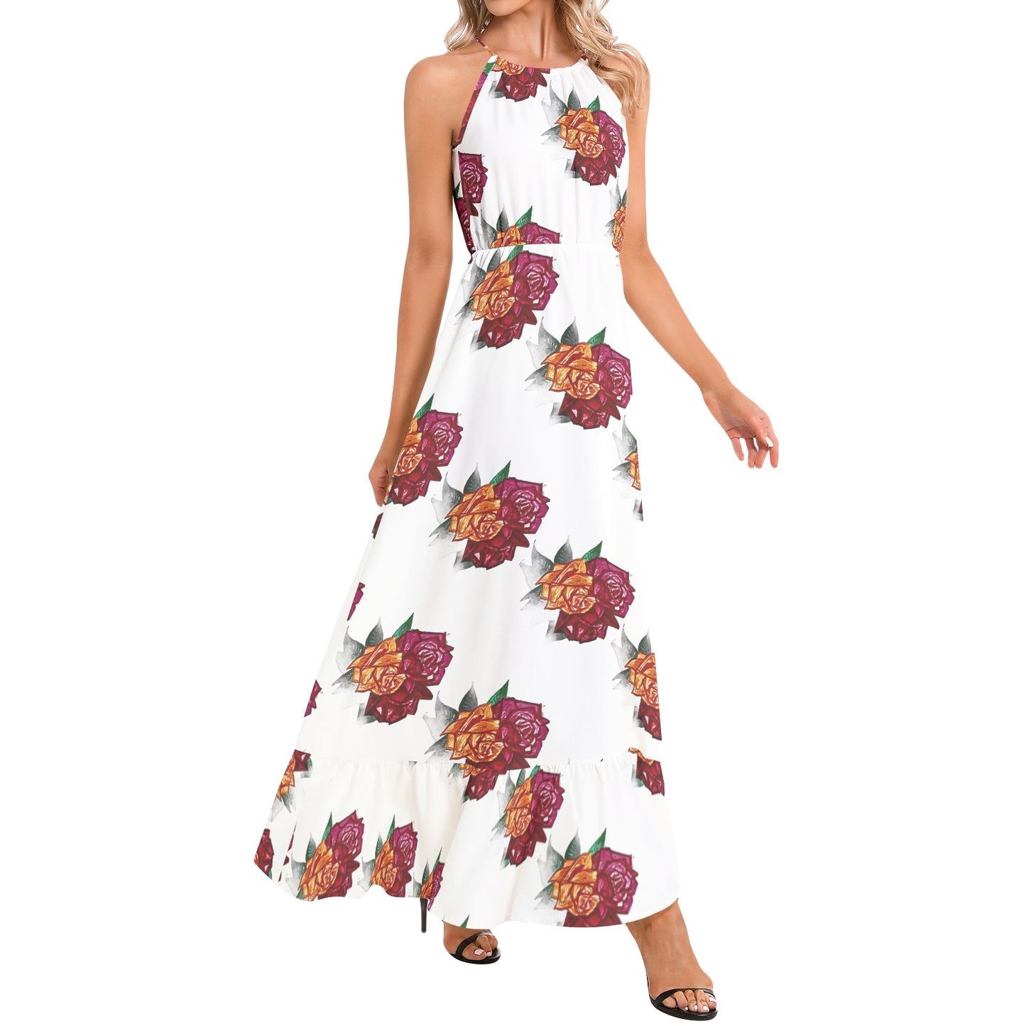 Ruffle Hem Halter Neck Maxi Dress
