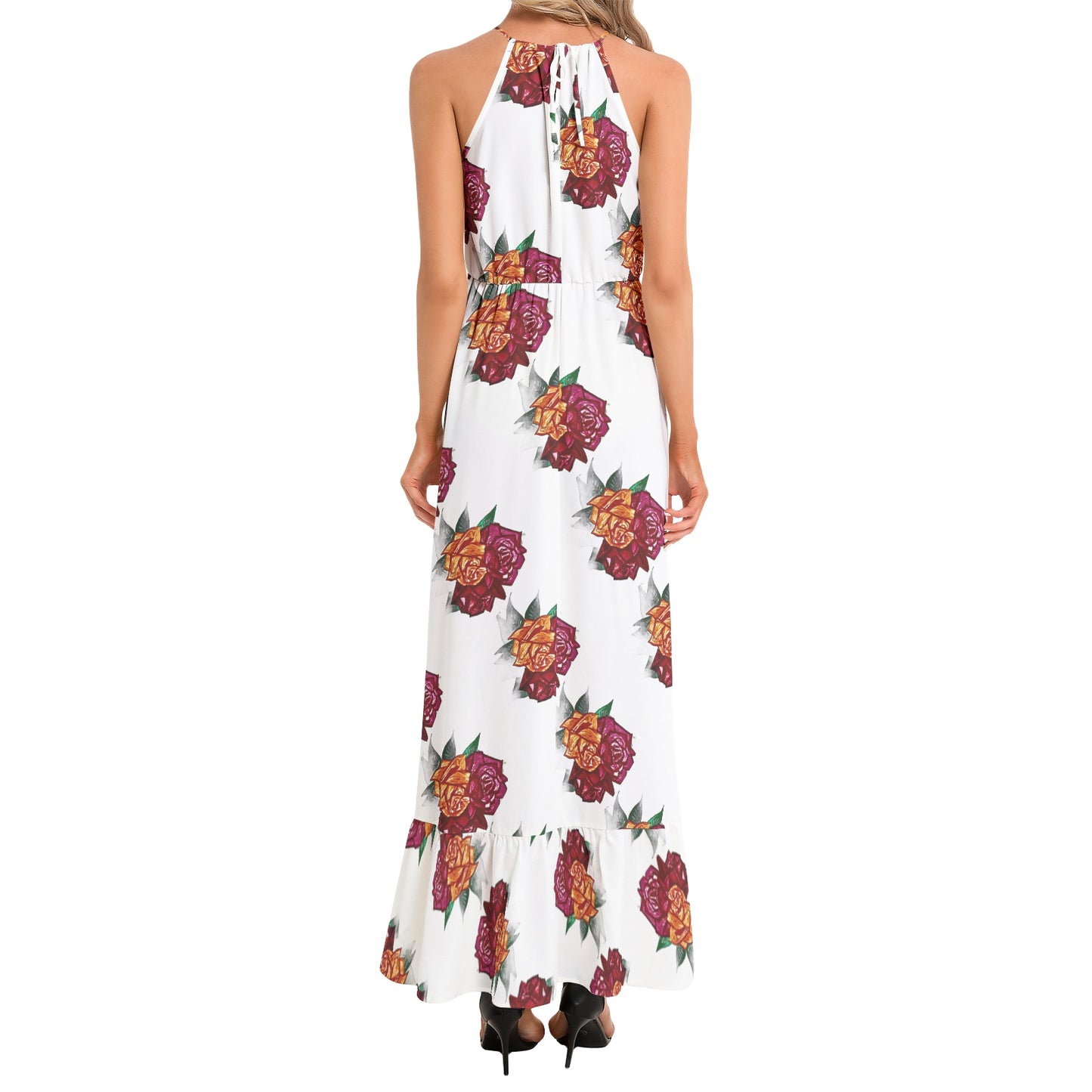 Ruffle Hem Halter Neck Maxi Dress