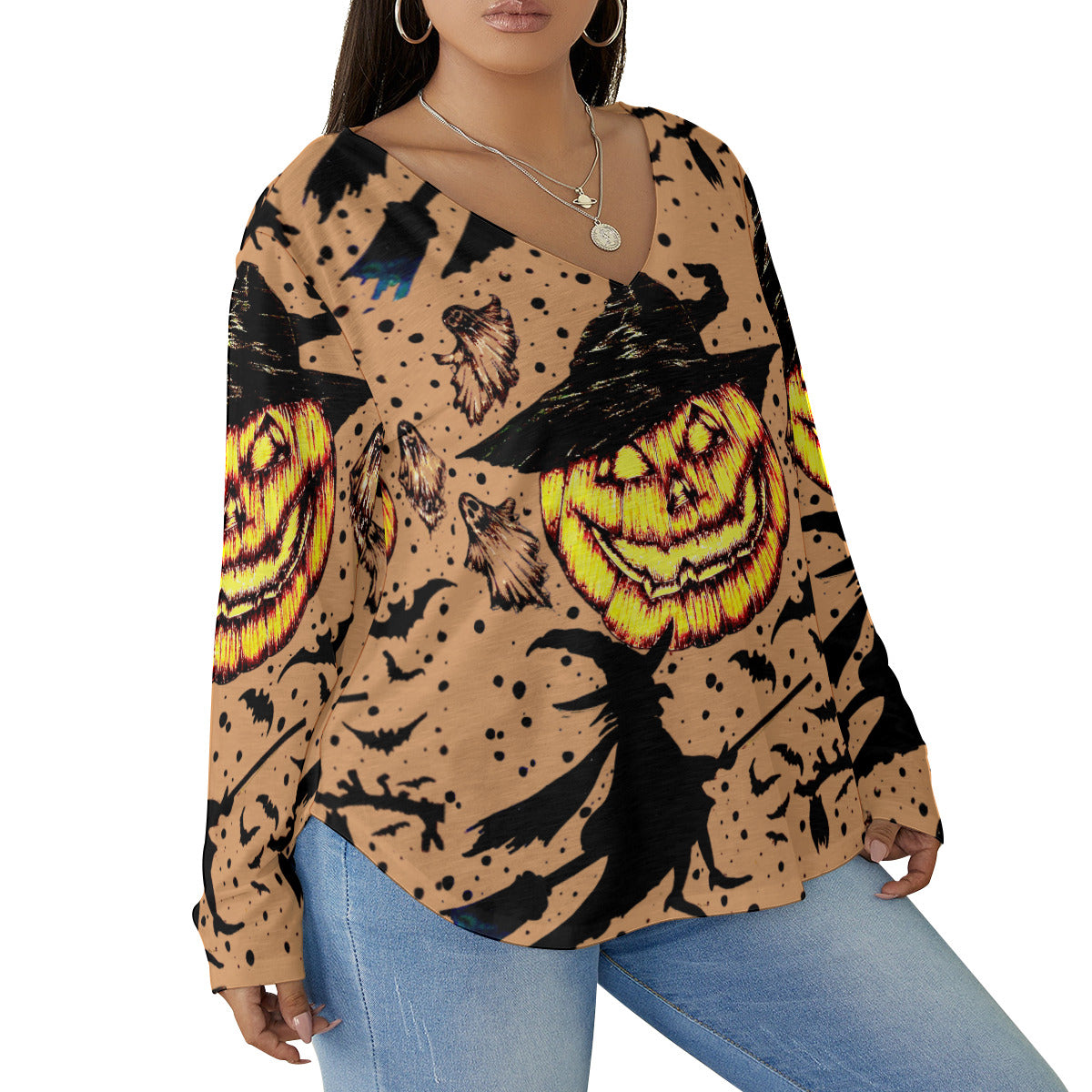 All-Over Print Women's V-neck T-shirt With Curved Hem(Plus Size)