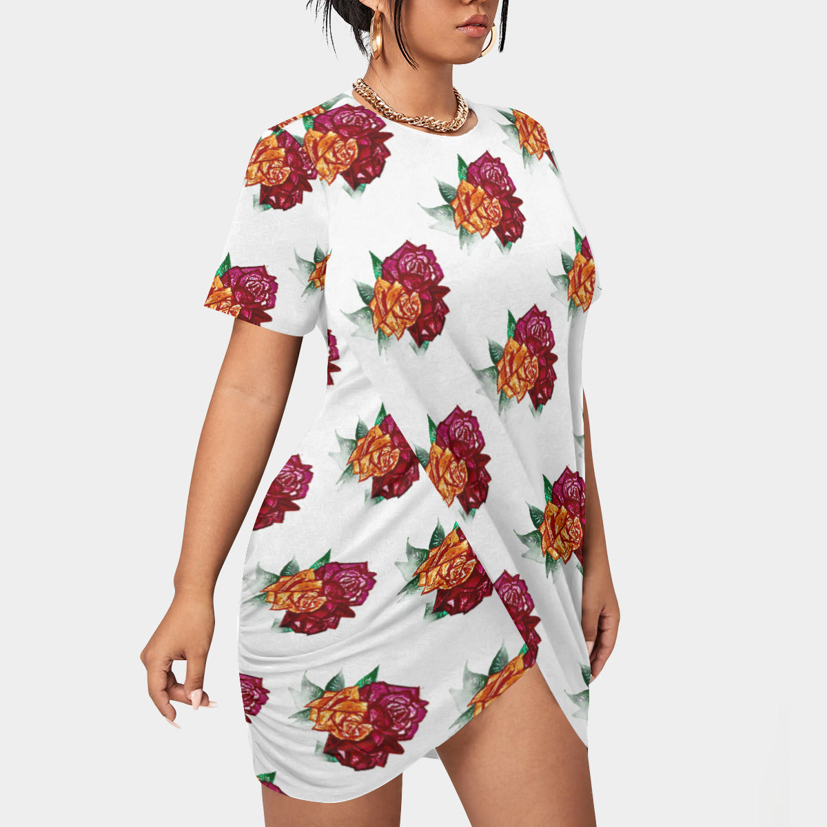 All-Over Print Women’s Stacked Hem Dress With Short Sleeve(Plus Size)