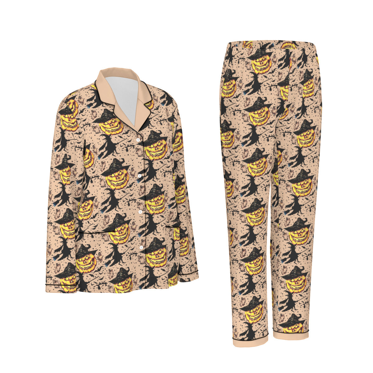 All-Over Print Women's Long Sleeve Pajama Set With Black Contrast Piping