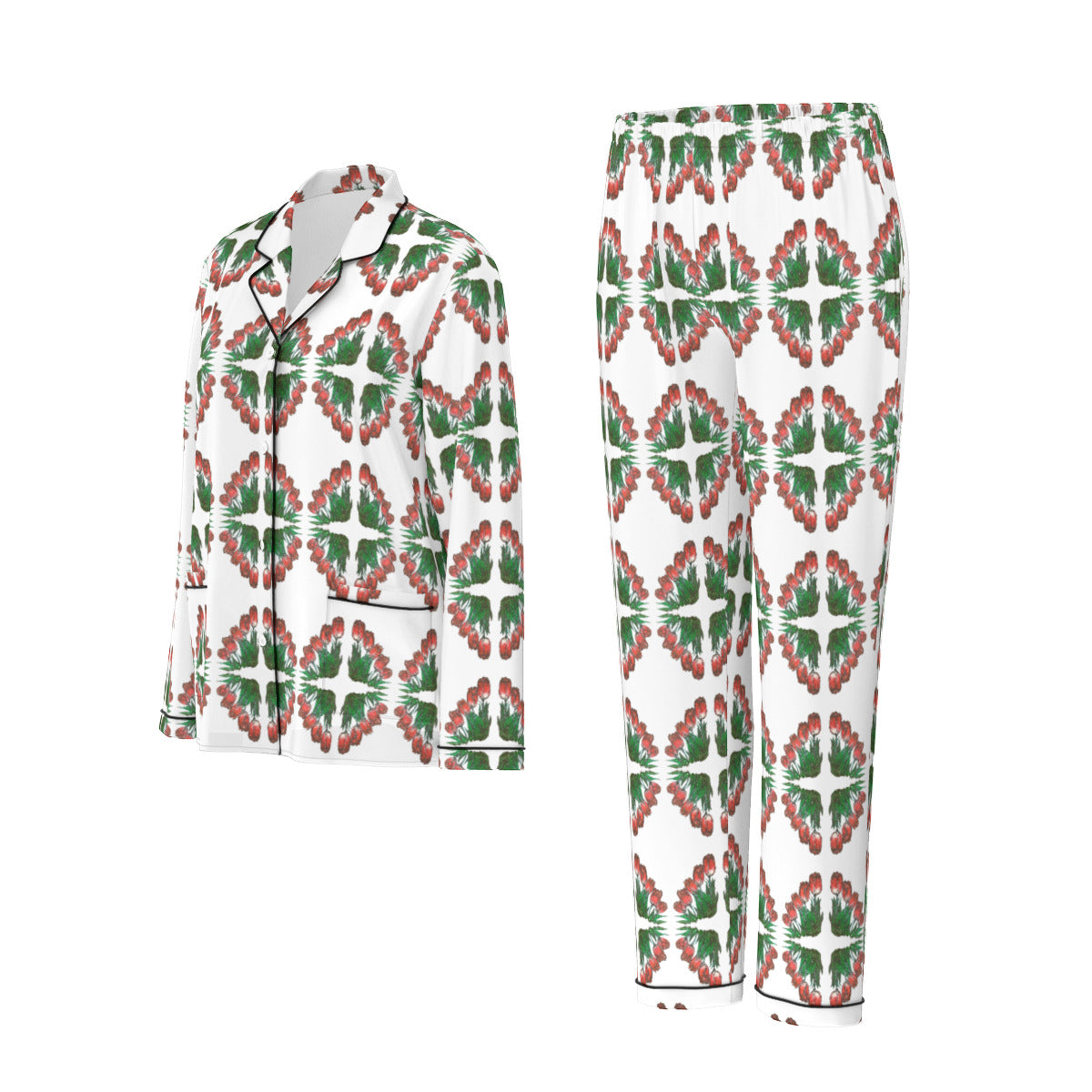 All-Over Print Women's Long Sleeve Pajama Set With Black Contrast Piping