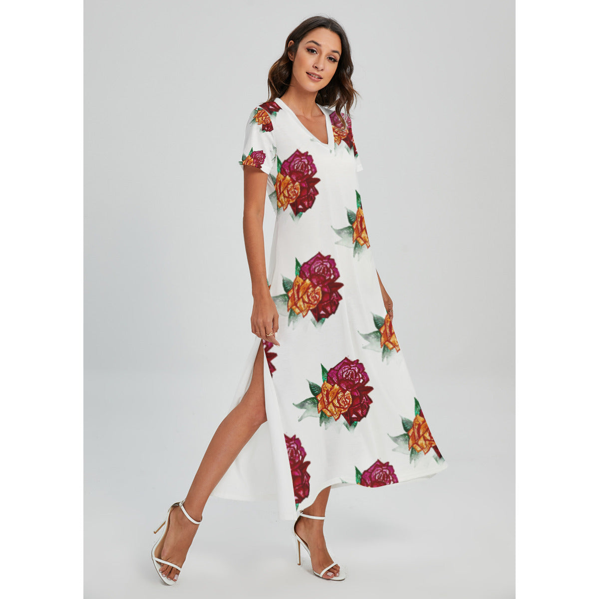 All-Over Print Women's V-neck Dress With Side Slit