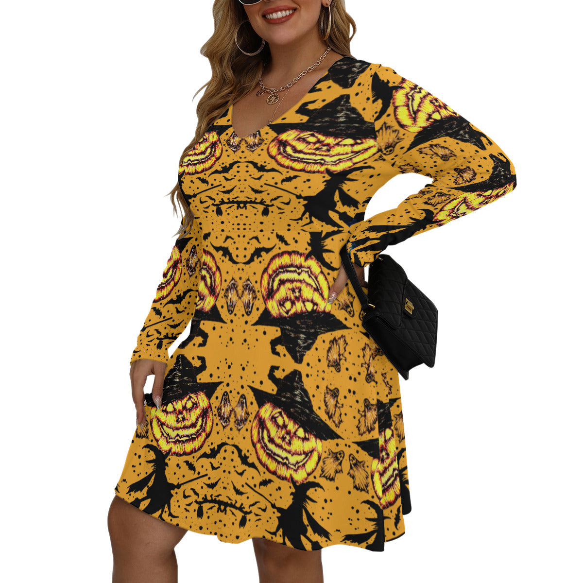 All-Over Print Women's V-neck Long Sleeve Dress(Plus Size)