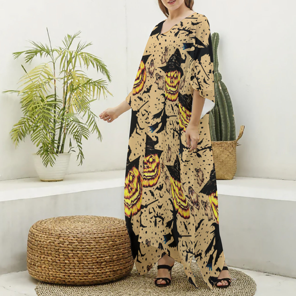 All-Over Print Women's Imitation Silk V-neck Kaftan Robe