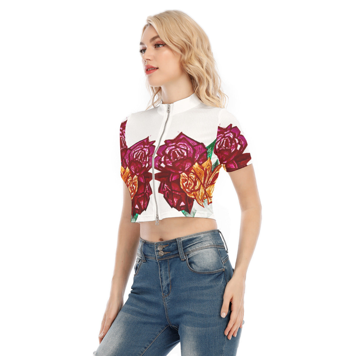 All-Over Print Women's Short Sleeve T-shirt With Two-way Zipper