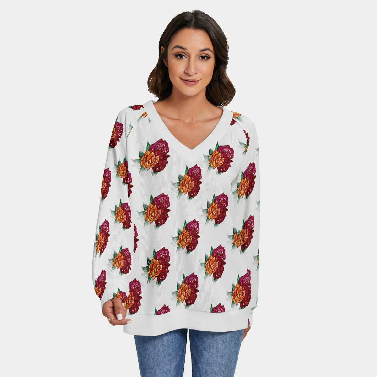 All-Over Print Women's V-neck Imitation Knitted Sweater With Long Sleeve