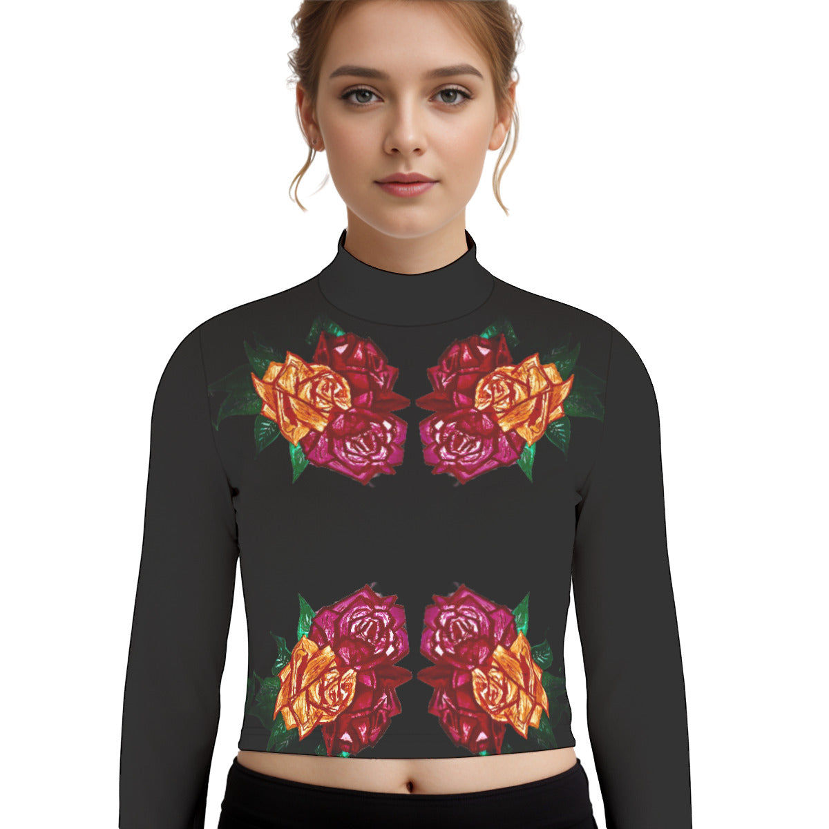 Eco-Friendly All-Over Print Women's Turtleneck T-shirt With Long Sleeve