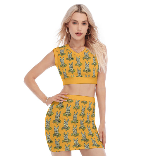 All-Over Print Women's Collarless V Collar Vest Skirt Suit