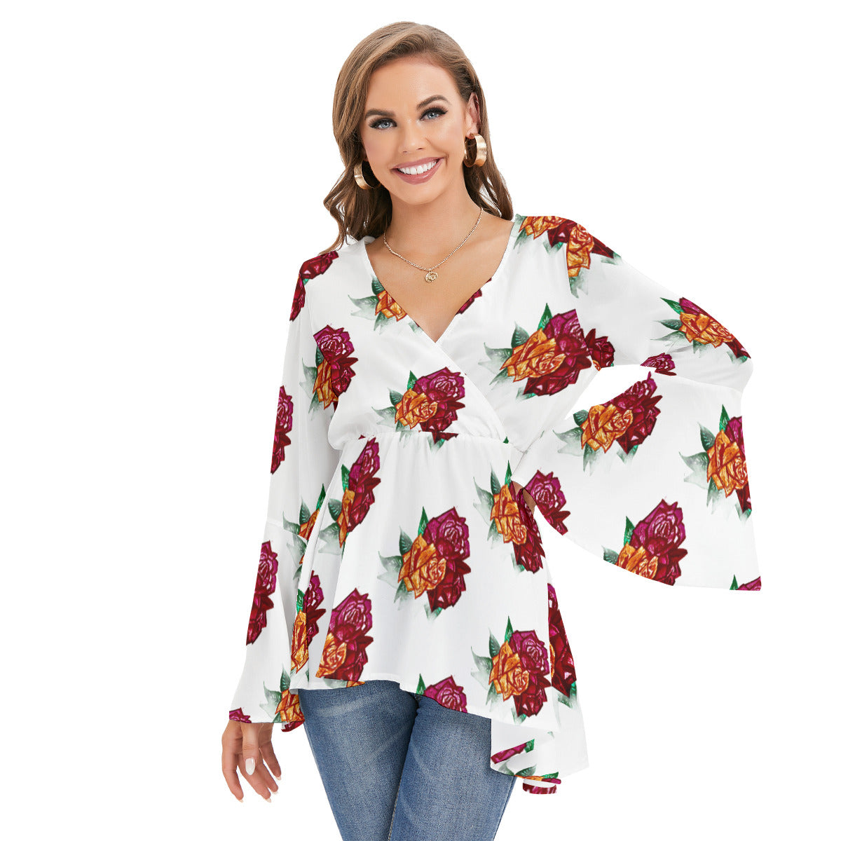 All-Over Print Women's V-neck Blouse With Flared Sleeves