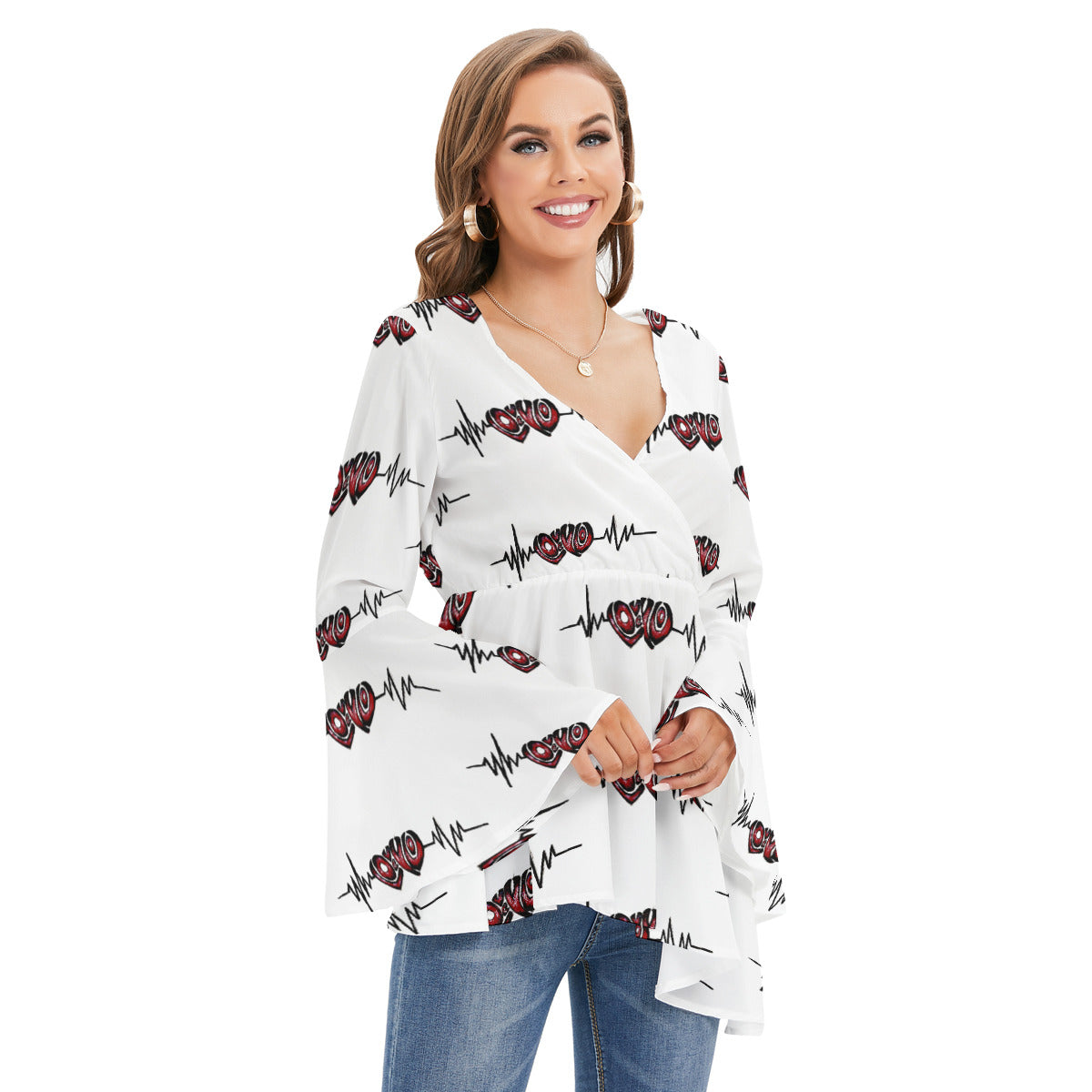 All-Over Print Women's V-neck Blouse With Flared Sleeves