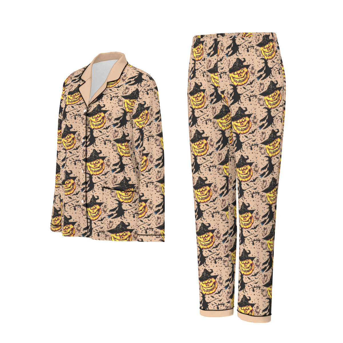 All-Over Print Women's Long Sleeve Pajama Set With Black Contrast Piping