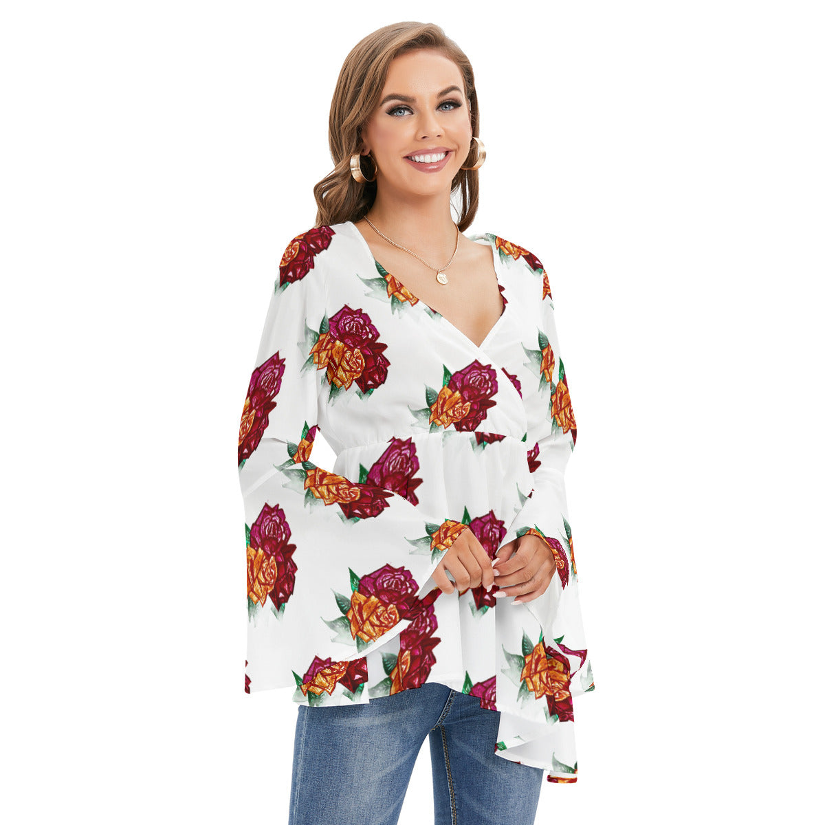 All-Over Print Women's V-neck Blouse With Flared Sleeves