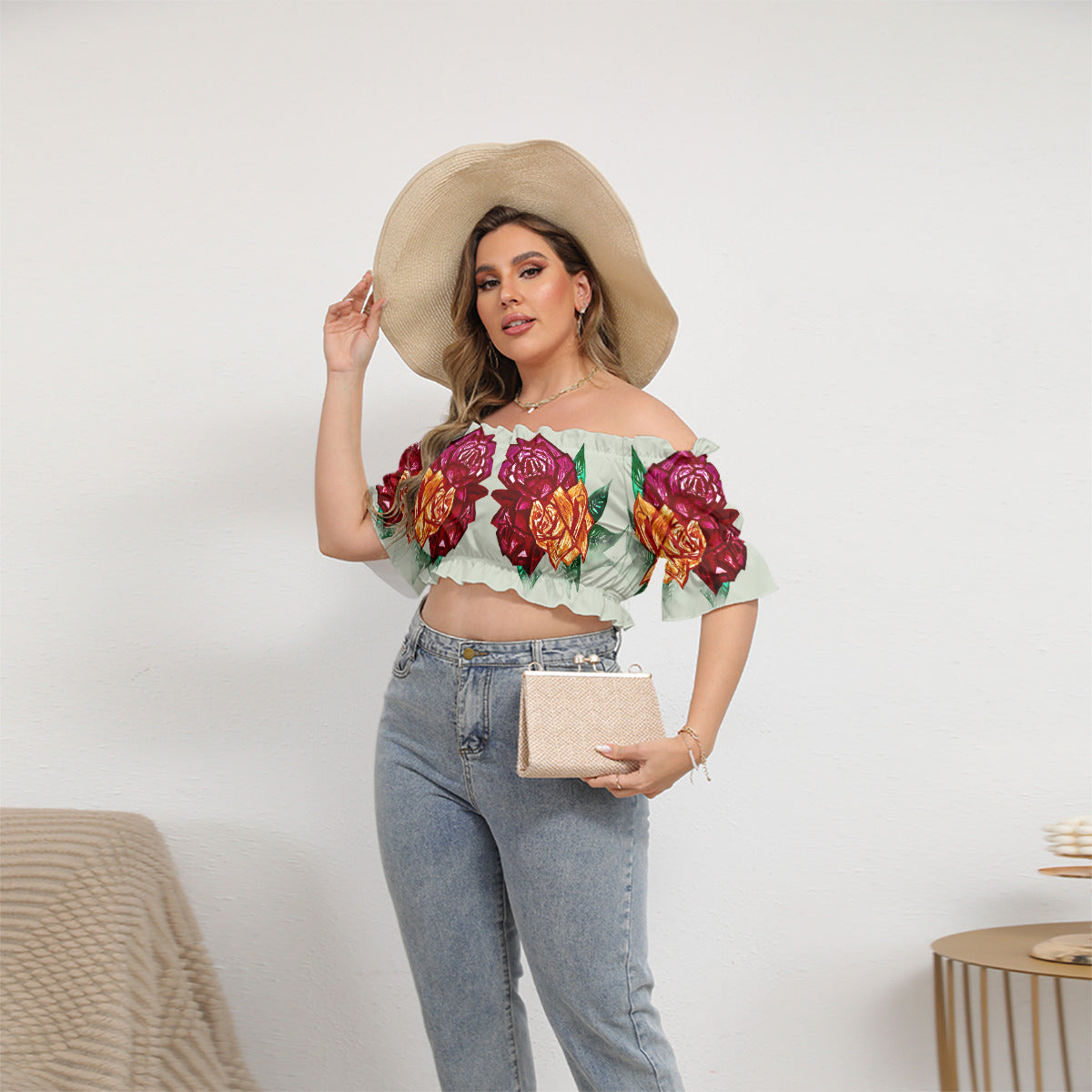 All-Over Print Women's Off-shoulder Cropped Top With Short Puff Sleeve