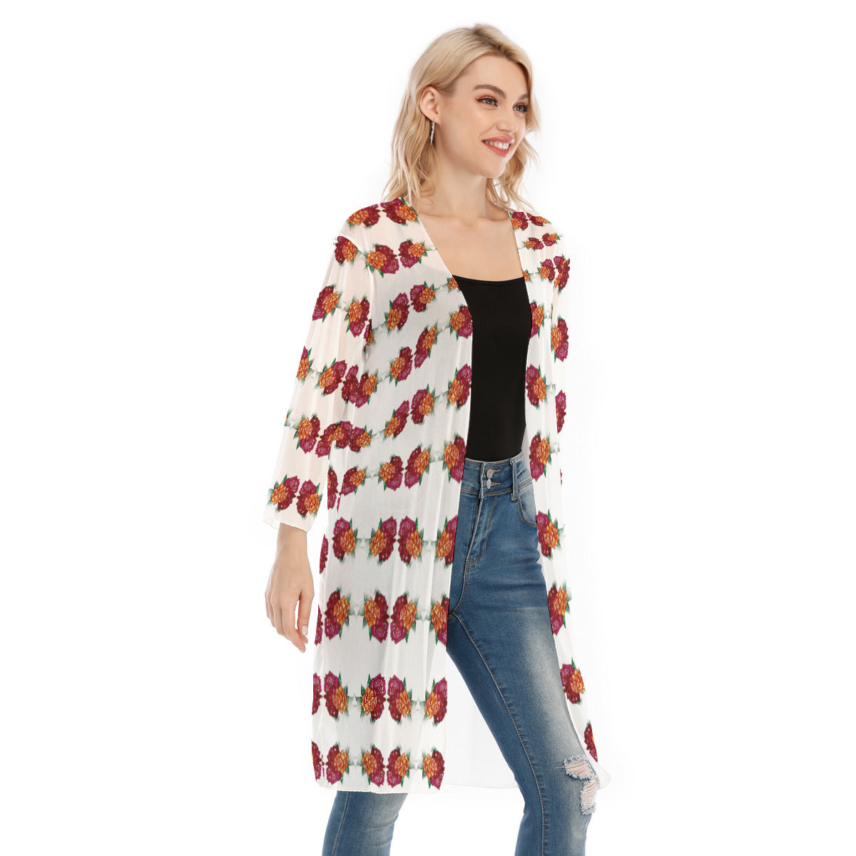 All-Over Print Women's V-neck Mesh Cardigan