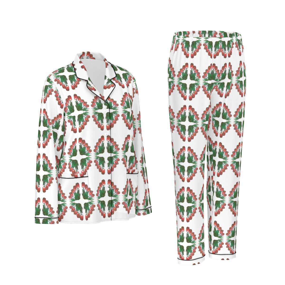 All-Over Print Women's Long Sleeve Pajama Set With Black Contrast Piping