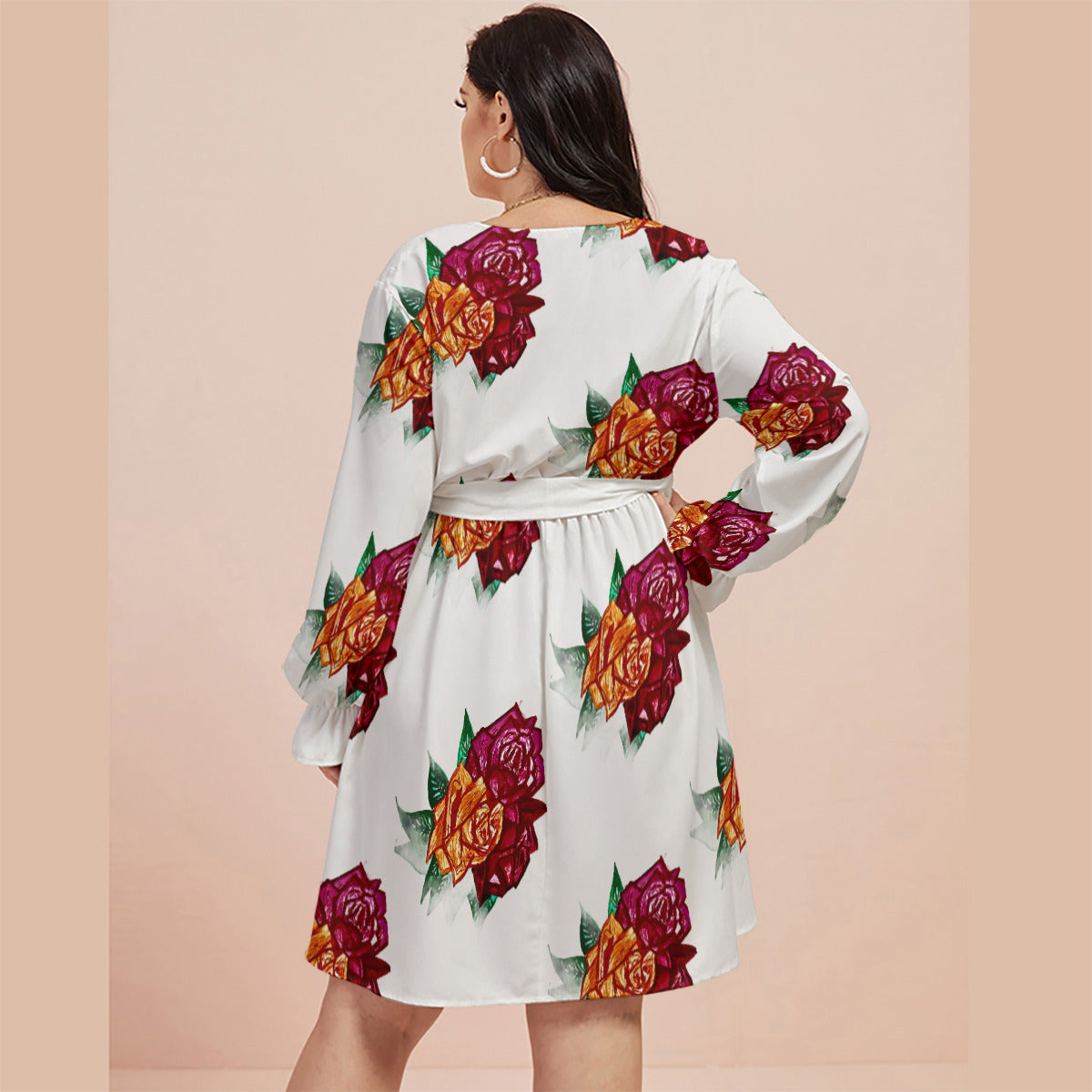All-Over Print Women's V-neck Dress With Waistband(Plus Size)