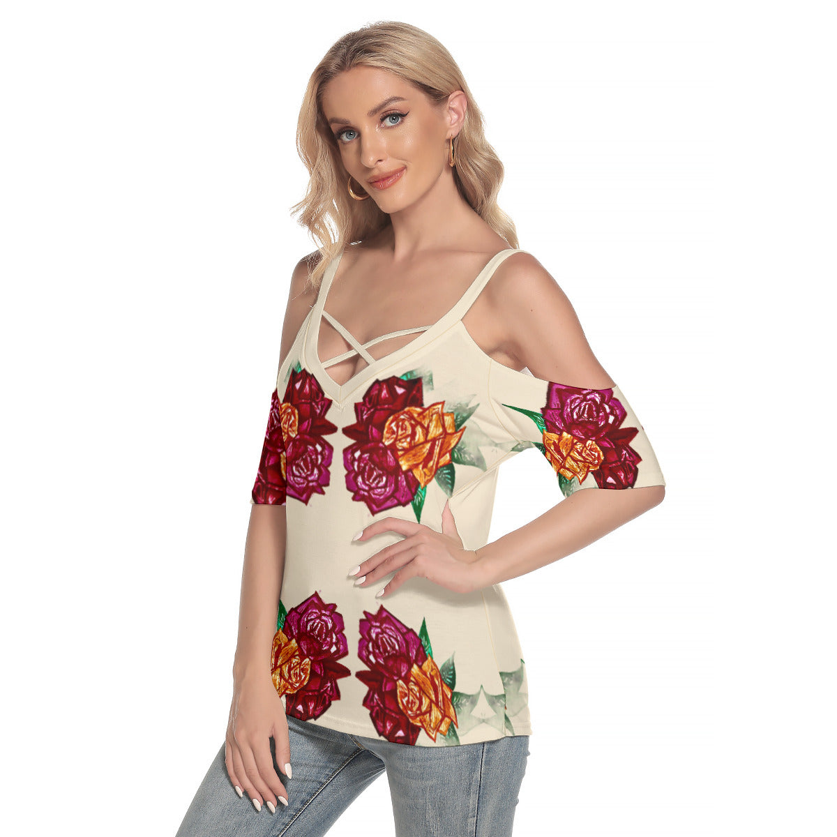 All-Over Print Women's Cold Shoulder T-shirt With Criss Cross Strips