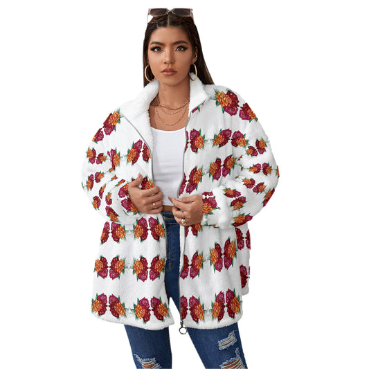 All-Over Print Unisex Borg Fleece Stand-up Collar Coat With Zipper Closure(Plus Size)