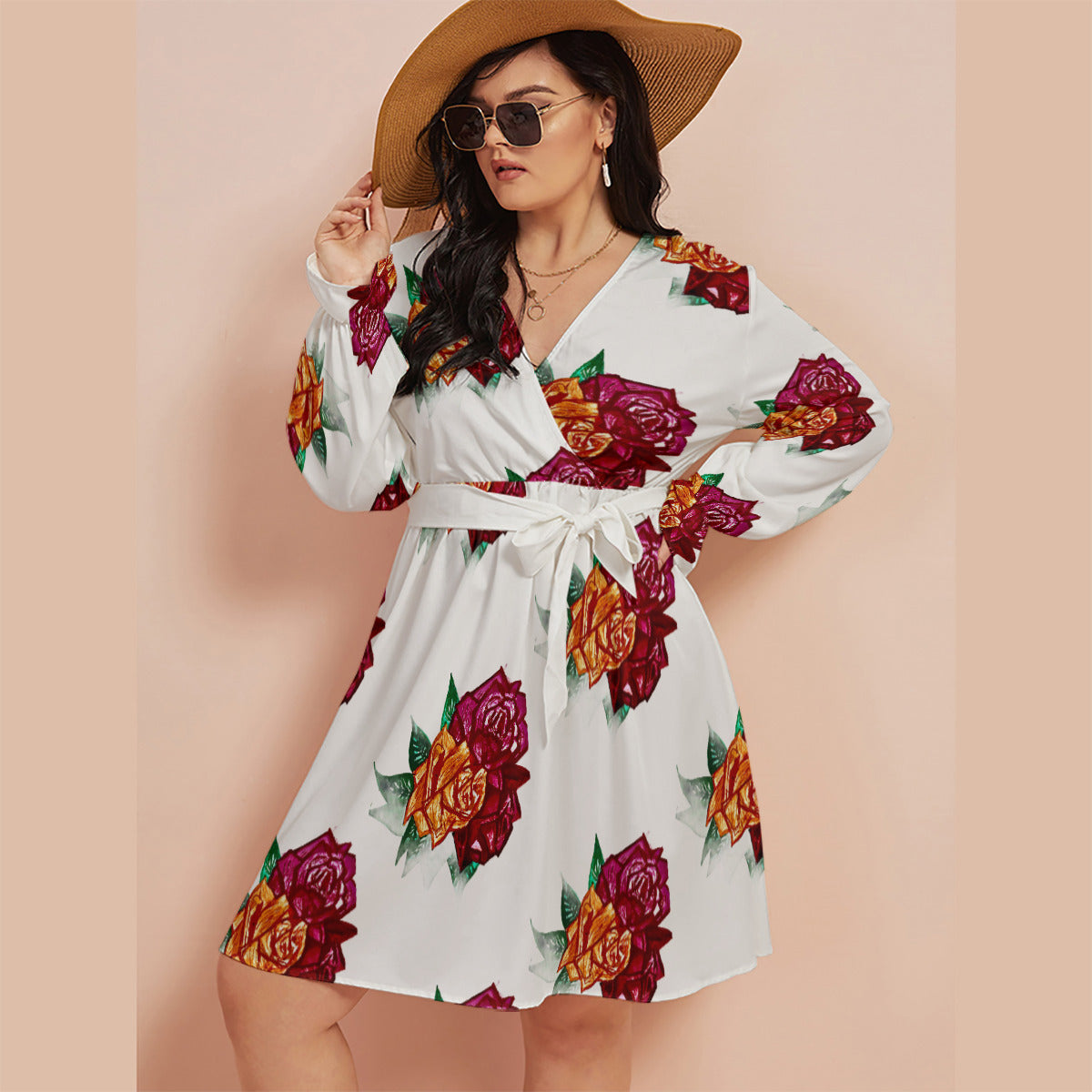 All-Over Print Women's V-neck Dress With Waistband(Plus Size)