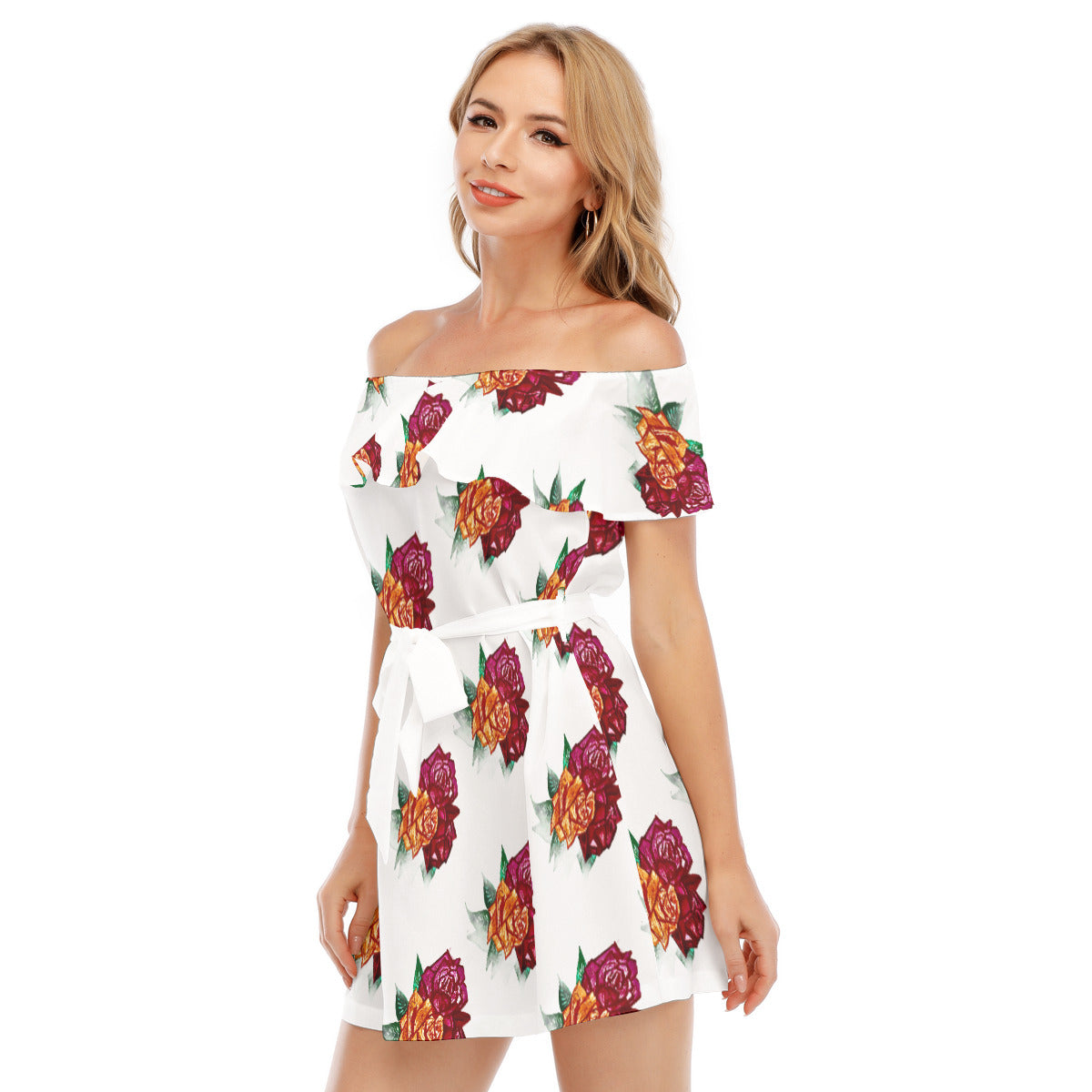 All-Over Print Women's Off-shoulder Dress With Ruffle