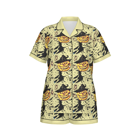 All-Over Print Women's Imitation Silk Pajama Set With Short Sleeve