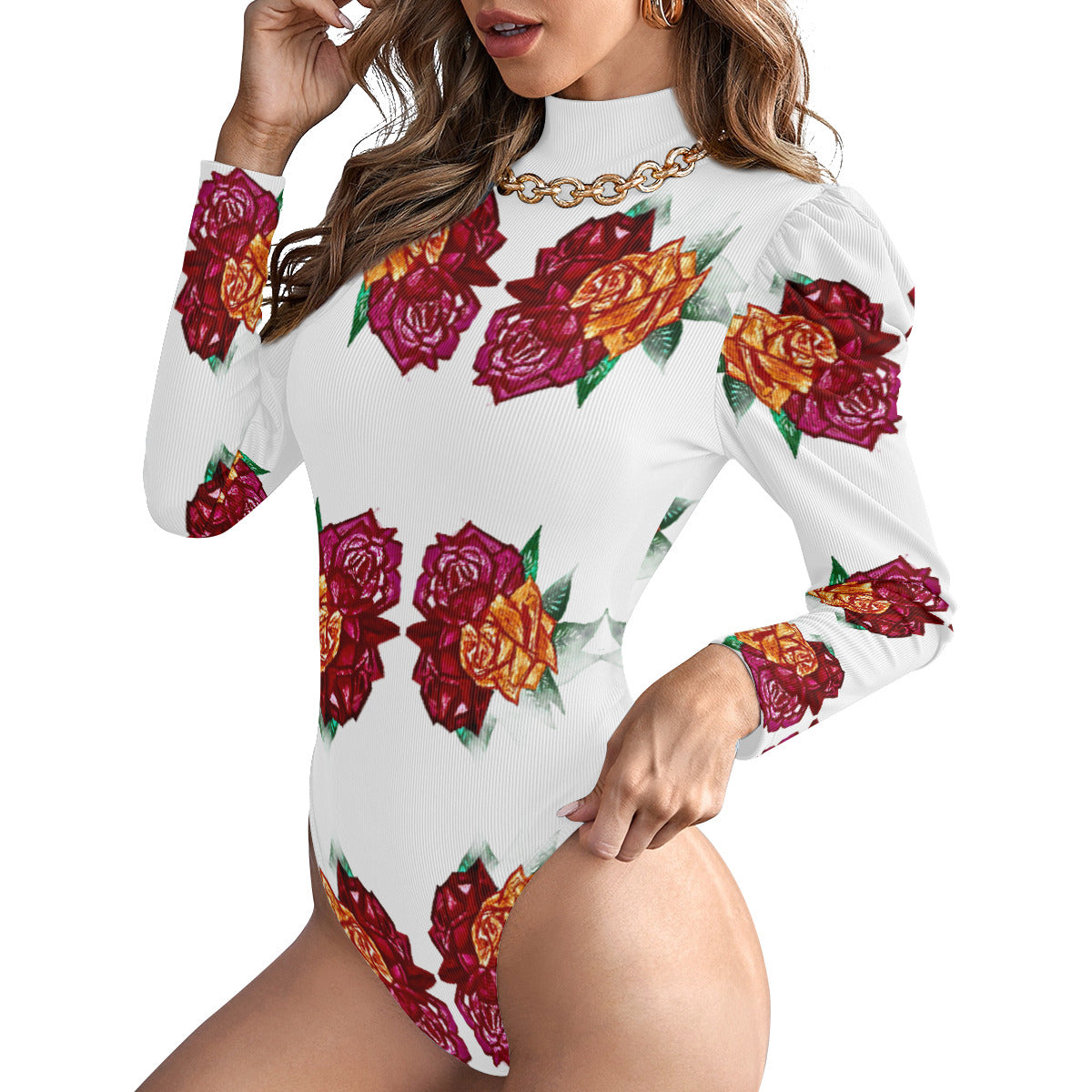 All-Over Women's Turtleneck Bodysuit With Puff Sleeve