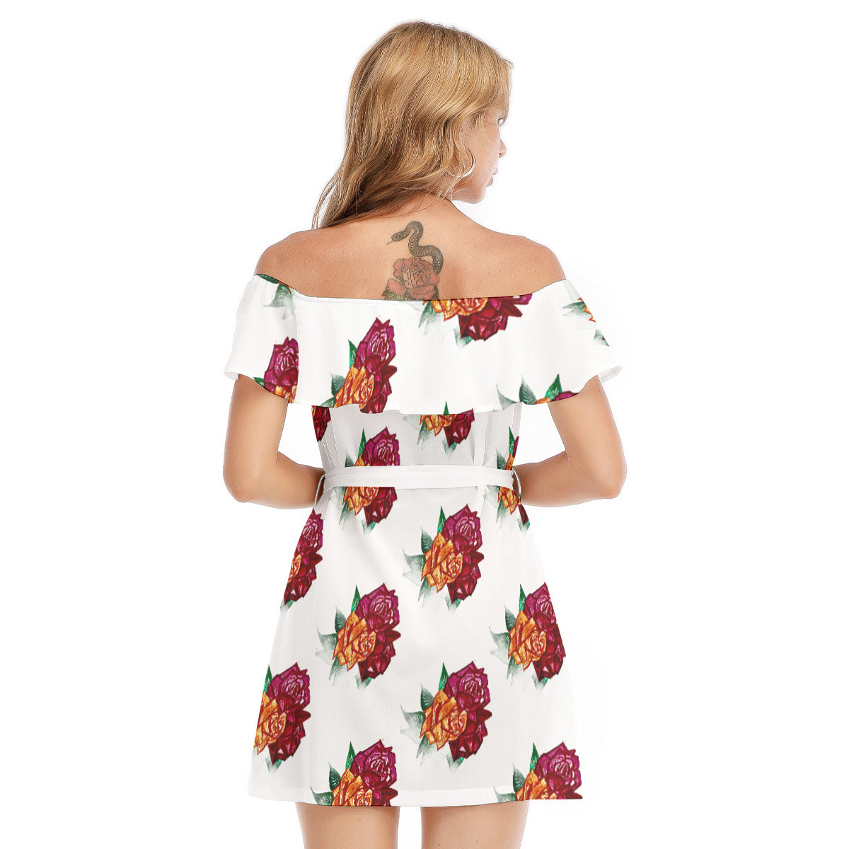 All-Over Print Women's Off-shoulder Dress With Ruffle