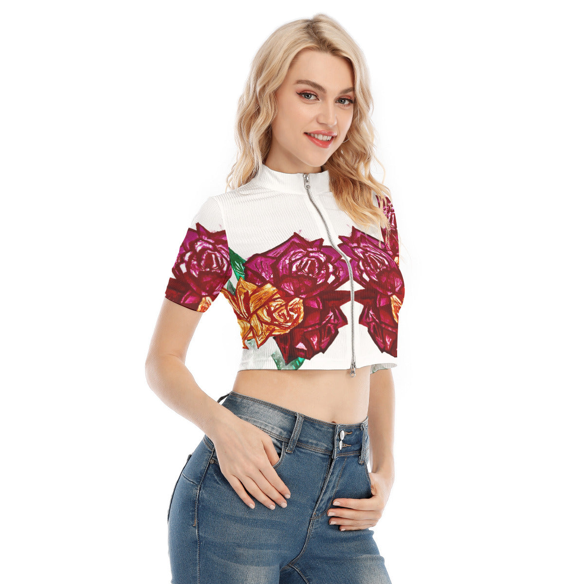 All-Over Print Women's Short Sleeve T-shirt With Two-way Zipper