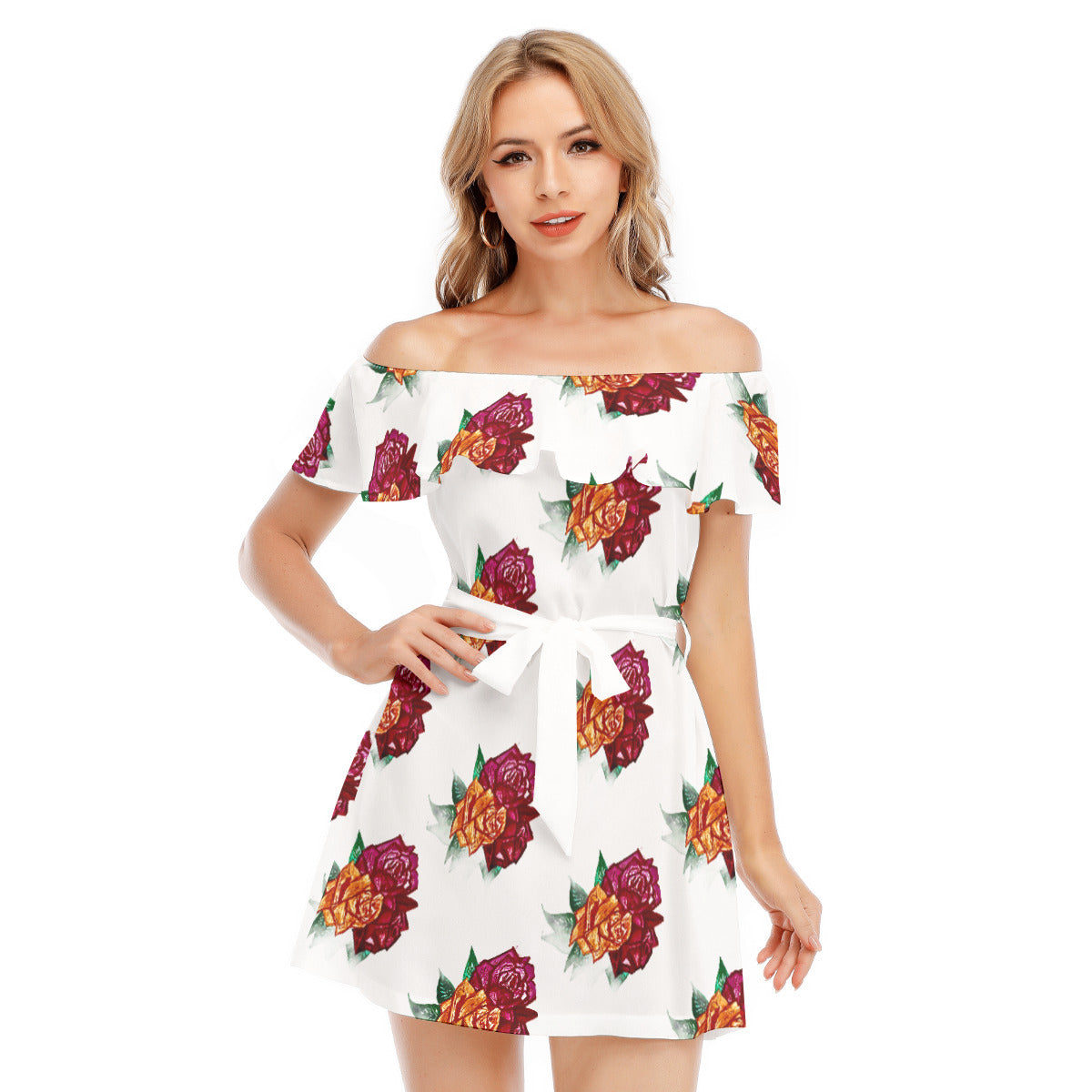All-Over Print Women's Off-shoulder Dress With Ruffle