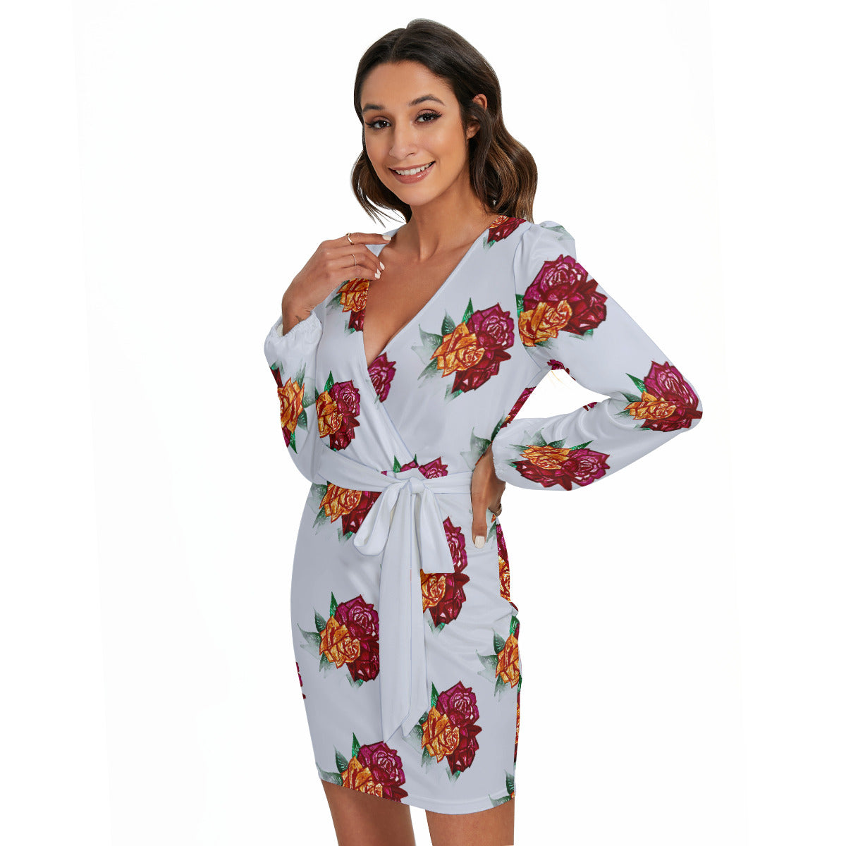 All-Over Print Women's Long Sleeve Dress With Waist Belt