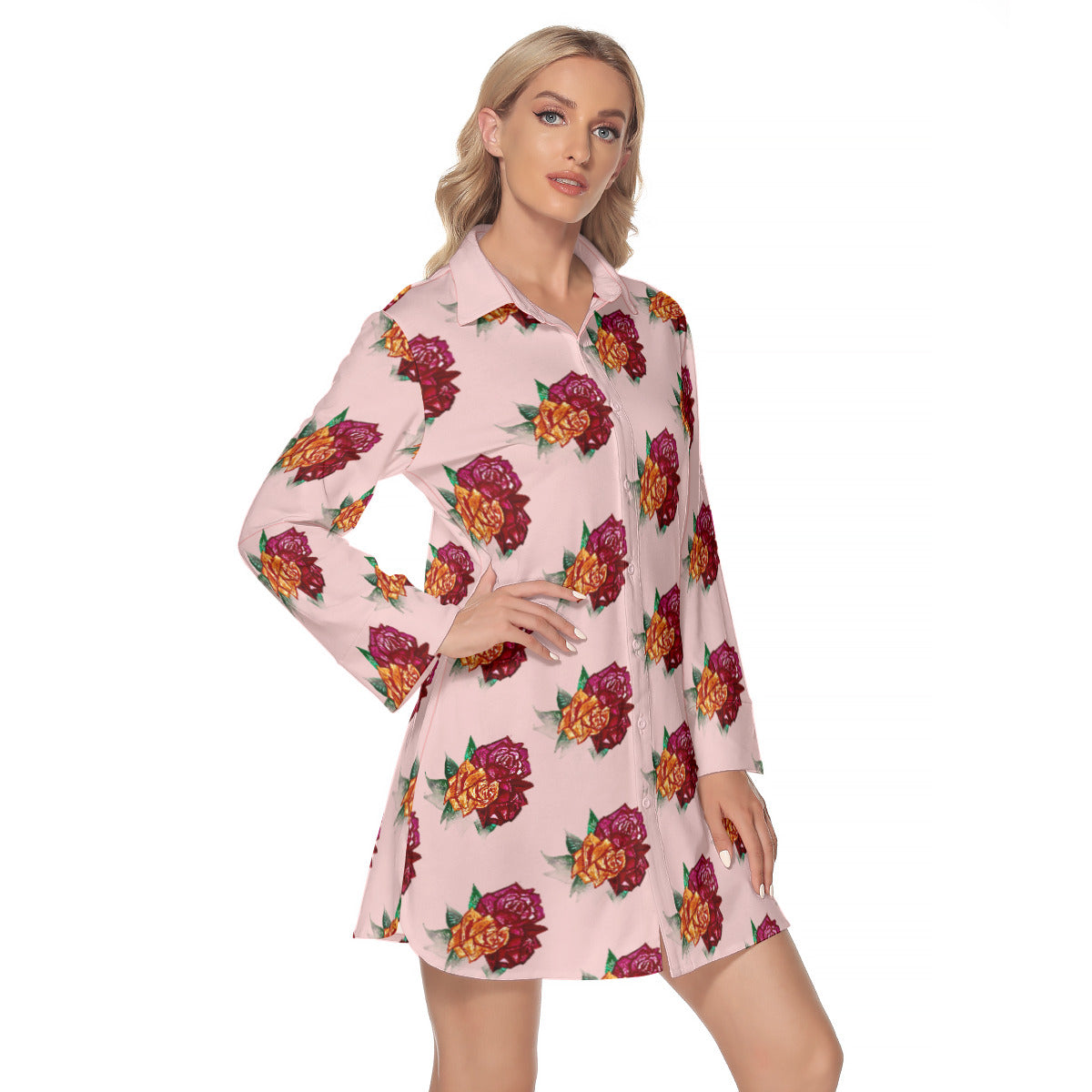 All-Over Print Women's Lapel Shirt Dress With Long Sleeve