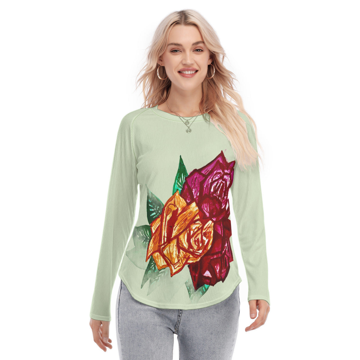 All-Over Print Women's Raglan Sleeves U-Shaped Hem Long Sleeves Blouse