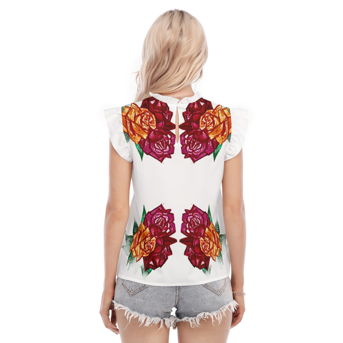 All-Over Print Women's Blouse With Ruffle Collar And Sleeve