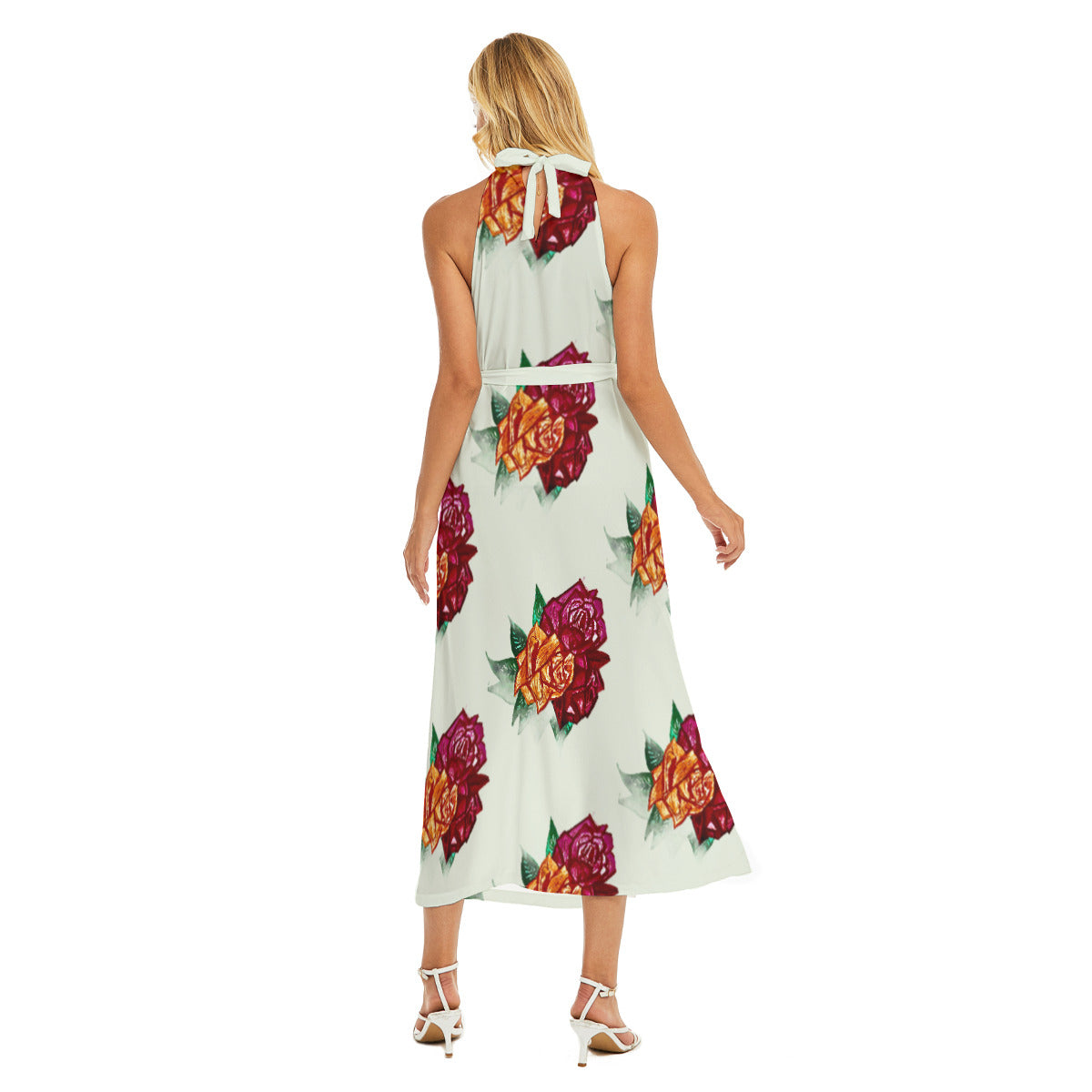 All-Over Print Women's Wrap Hem Belted Halter Dress